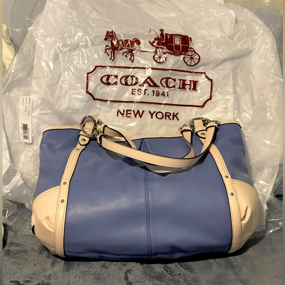 Coach Leather Shoulder Bag in Chambray and White *New*